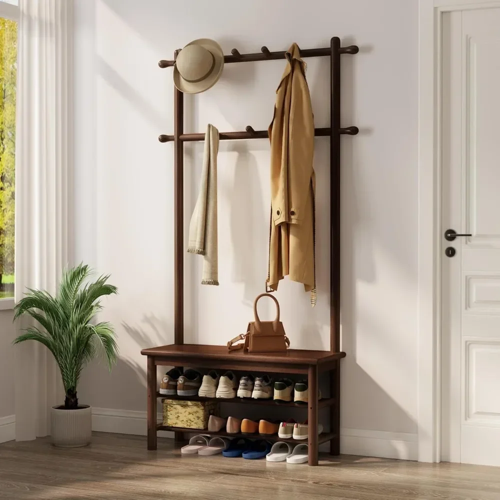 

hall tree, coat rack with shoe storage, wooden hall tree with bench, 11 hooks and 2-tier storage shelves, entryway bench with co