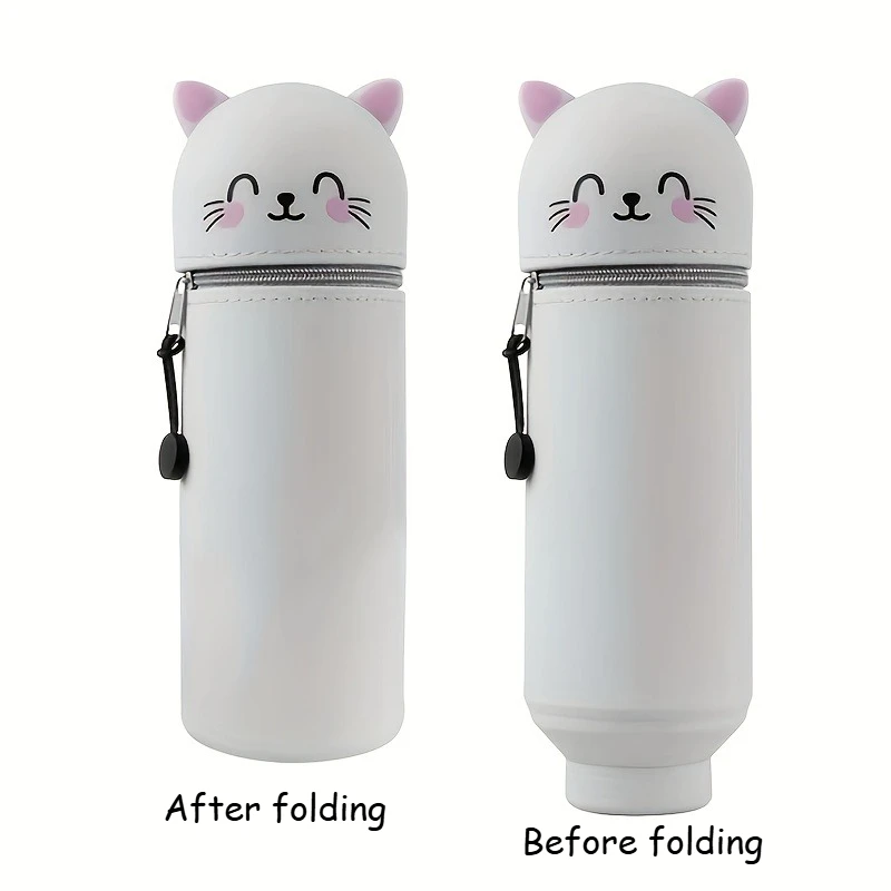 2-in-1拡張シリコンペンケース＆デスクオーガナイザー、学校オフィス家庭用キュートな猫デザイン、柔らかく耐久性のある文房具収納