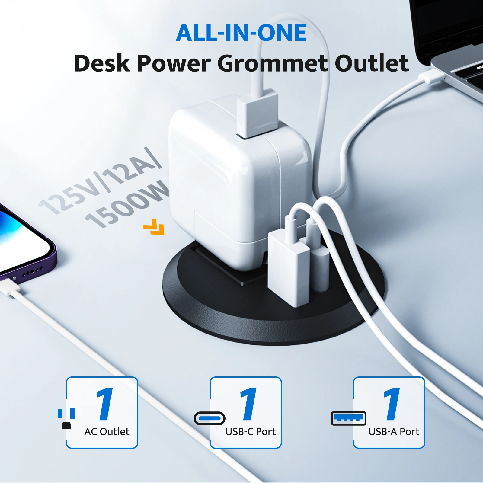 US Plug Recessed Power Grommet with 20W USB C Fast Charging, 2 inch Conference Recessed Outlet, Flush Mount for Desk, Office Tab