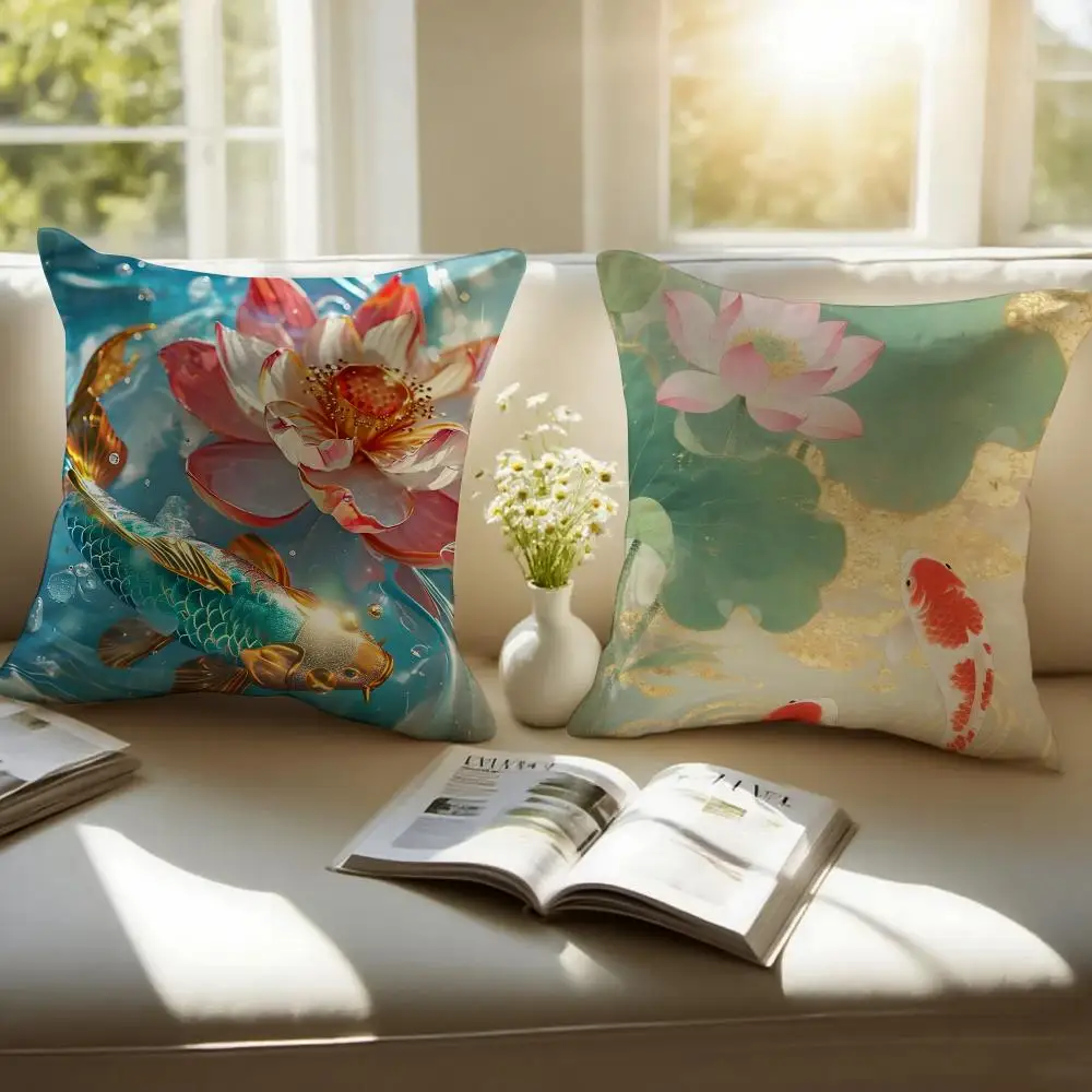 Natural Fun Koi Fish Lotus Cushion Cover Plush Fabric Soft Double Sided Print Home Sofa High Quality Cushion