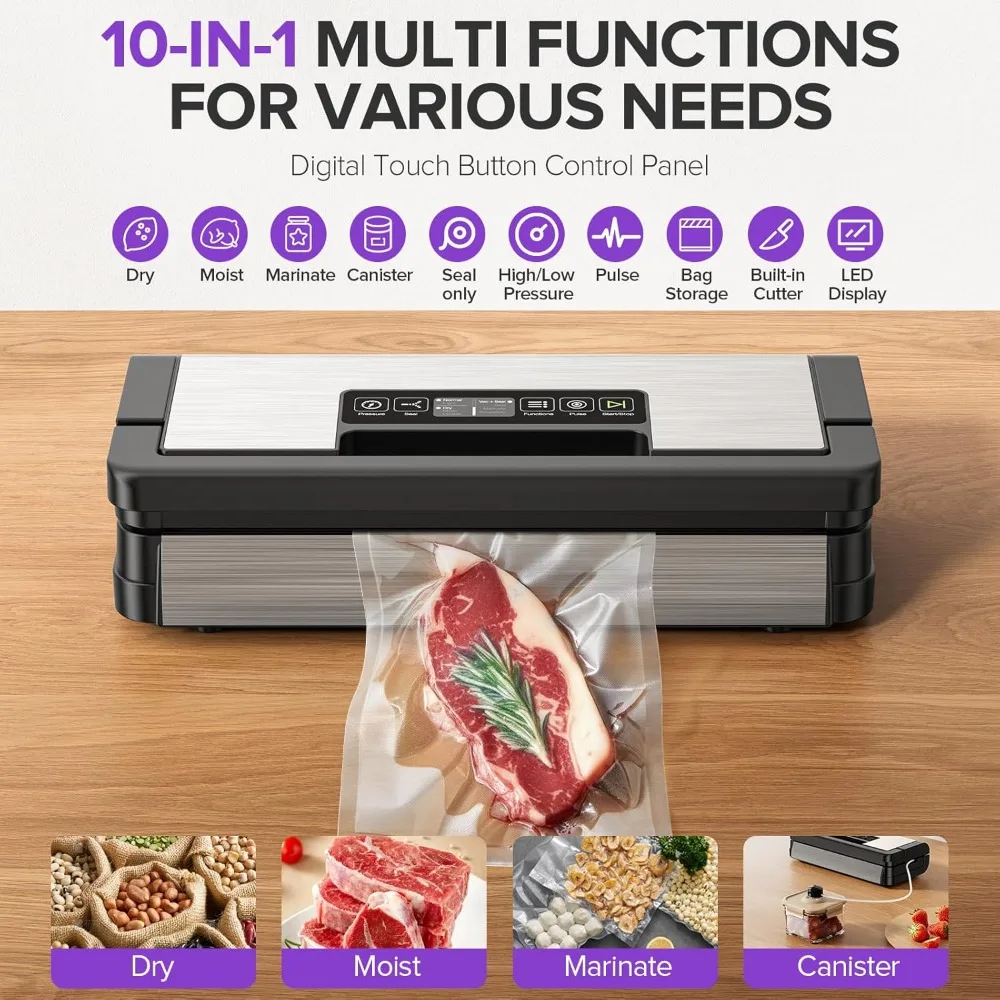 ماكينة غلق أكياس الطعام الأوتوماتيكية بالكامل مع وظائف 10 في 1، مدمجة في القاطع وتخزين الأكياس، تتضمن لفة واحدة و10 قطع #3