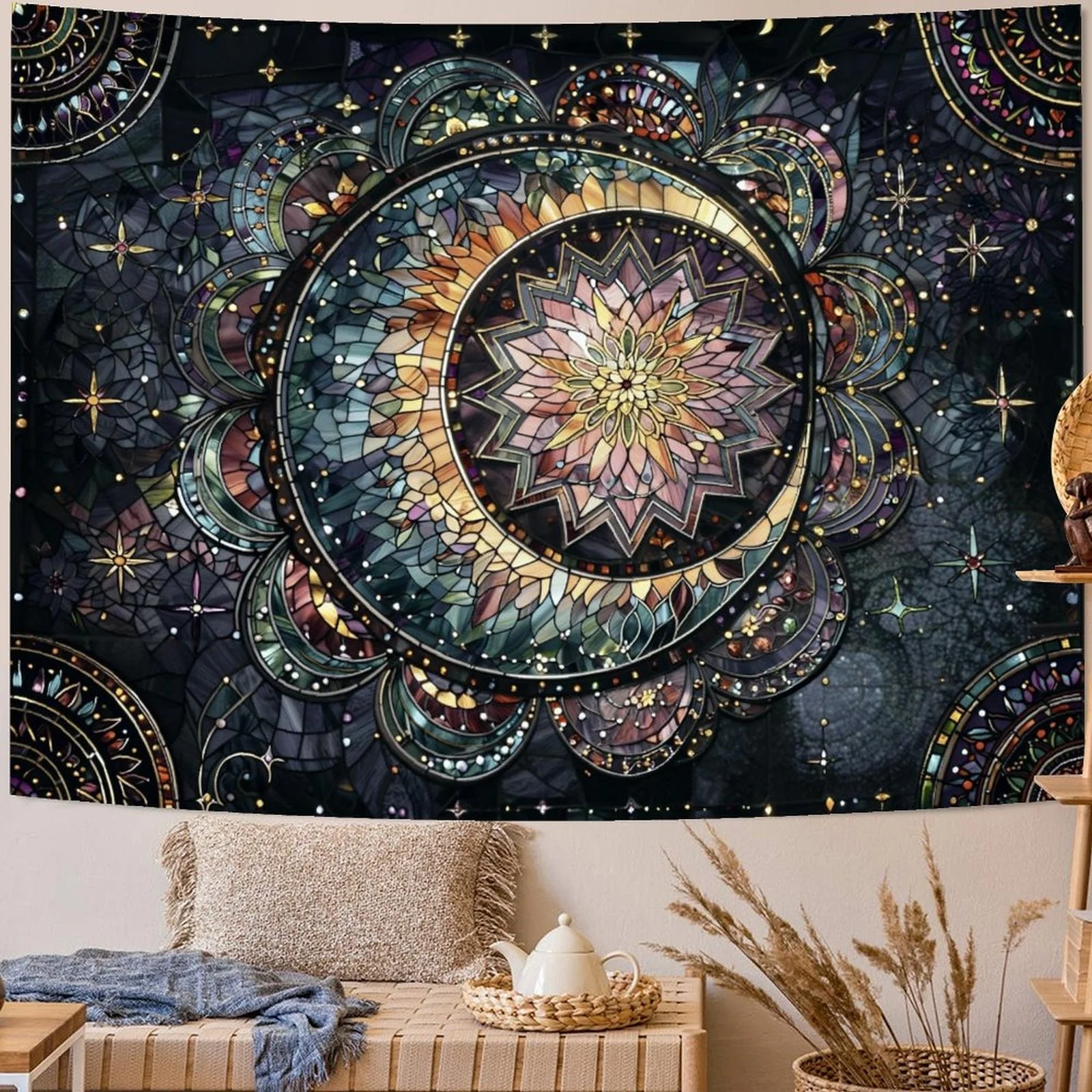 Luxurious Cosmic Mandala Tapestry Wall Hanging Bohemian Boho Astrology Celestial Galaxy Starry Night Decor Art Print Polyester F