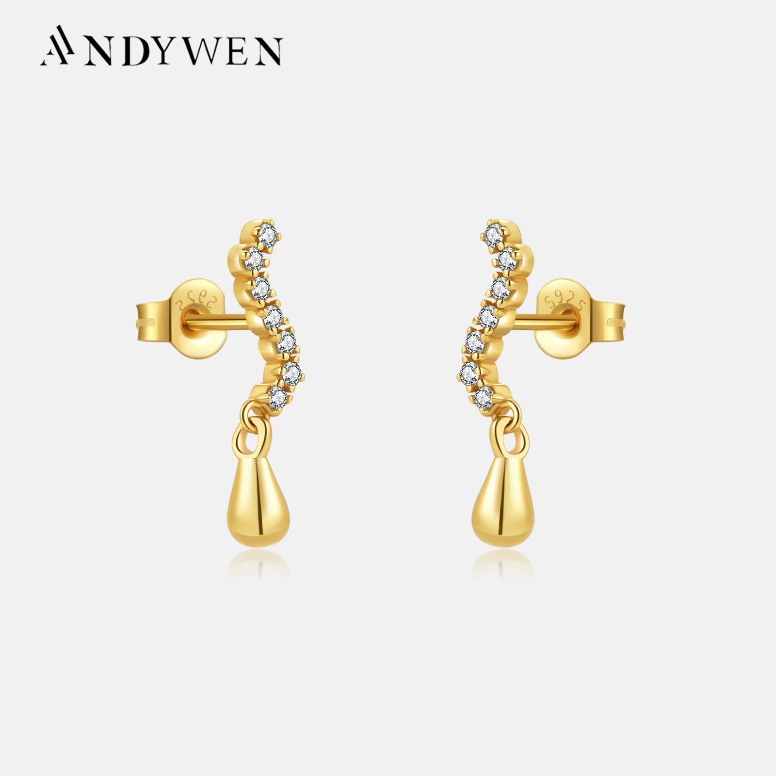 ANDYWEN 925 Sterling Silver Gold Water Drop Irregular Line Drop Earring Clips Luxury 2023 Summer Classic Women Fine Jewelry