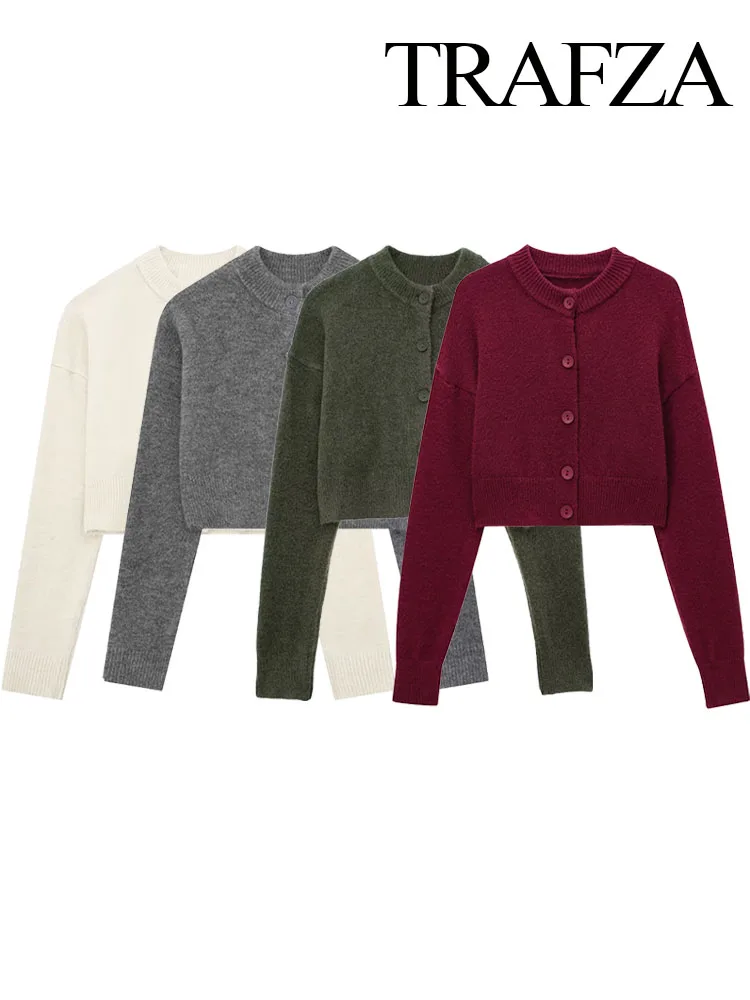 Trafza Damen Herbst Freizeit mäntel solide O-Ausschnitt Langarm Einreiher Strickjacke weibliche Mode Strick mäntel 4 Farbe