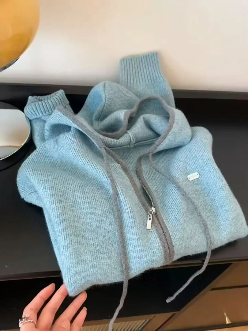 Blue Lazy Hooded Knitted Zipper Sweater Korean Style Loose Knitwear Autumn Outerwear Top Open Cardigan Cotton Blend Polyester...
