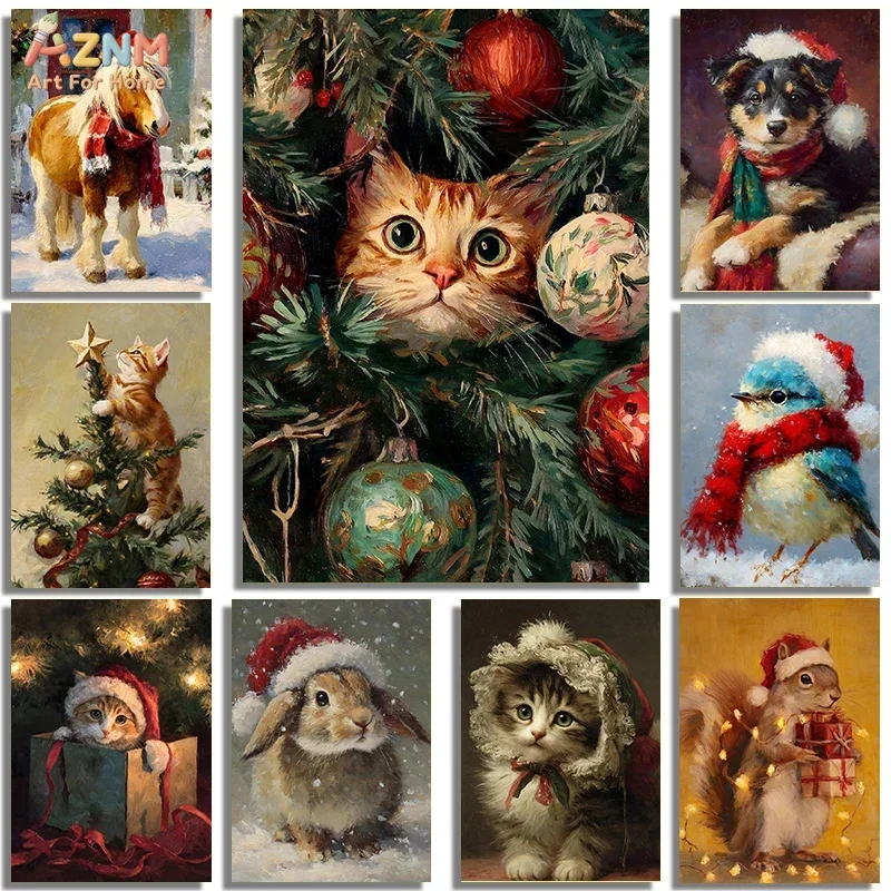 AZNM Christmas Animal Canvas Wall Art Cute Cat Dog Horse Bird Rabbit Squirrel Santa Hat Xmas Tree Oil Painting Print Poster Holi