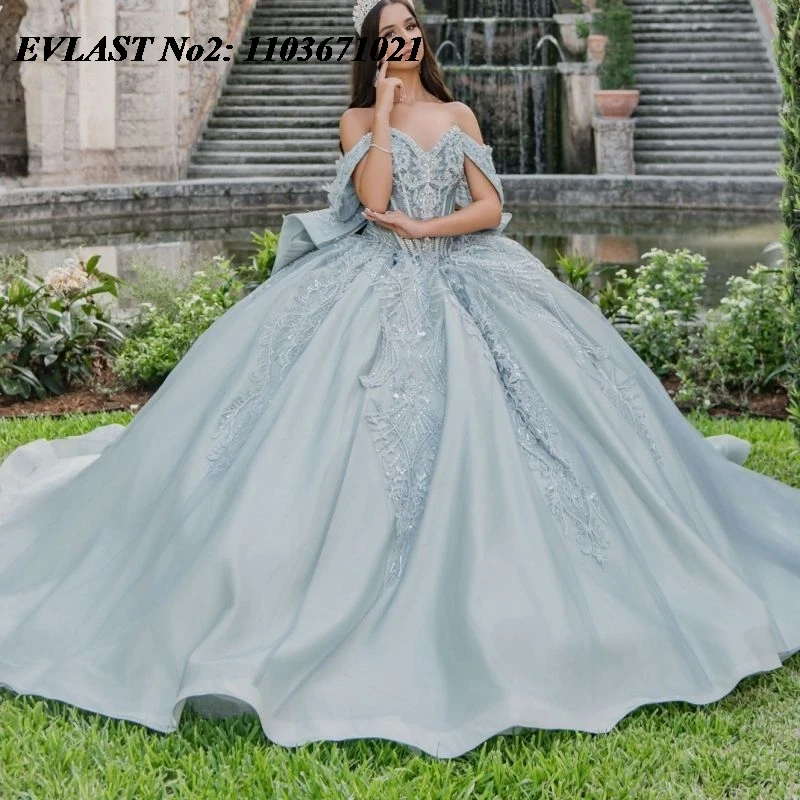 EVLAST Maßgeschneidertes glänzendes Aquablaues Quinceanera-Kleid, Ballkleid, Spitze, Perlenstickerei, Schleife, Korsett, Sweet 16, Vestidos 15 Anos E2QA118