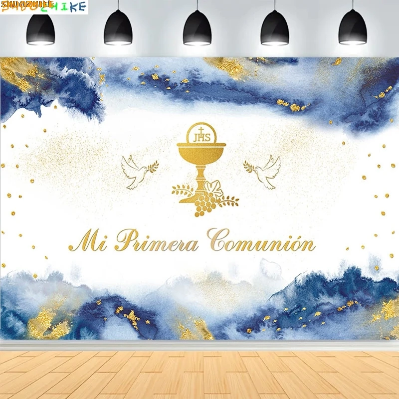 

Mi Bautizo Flowers Backdrop for Girl Baptism Gold Cross Boho Floral Leaves Decor Gold Sequins Photography Background MP-01