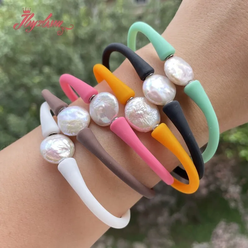 12mm Coin 100% Real Freshwater Pearl Sport Casual Waterproof Rubber Band Silicone Colorful Bracelet Bangle 1 Pcs for Women Gift