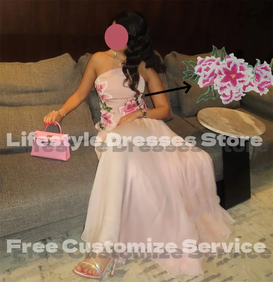 Vestidos de noche con apliques bordados florales rosas personalizados, vestidos de fiesta sin mangas hasta el suelo Eid para ocasiones formales y fiestas