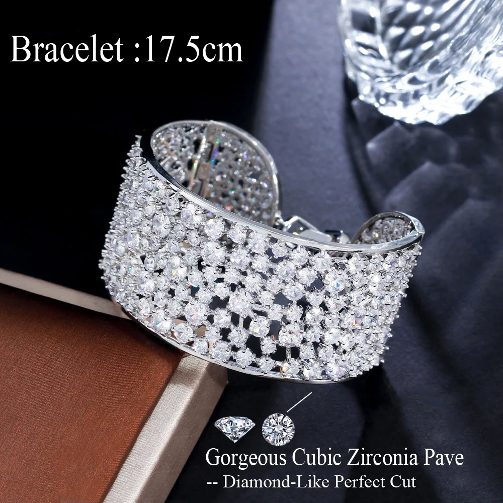 CWWZircons Gorgeous Round Cubic Zirconia Paved White Gold Color Luxury Big Wide Wedding Bridal Bangle Bracelets for Women BG052