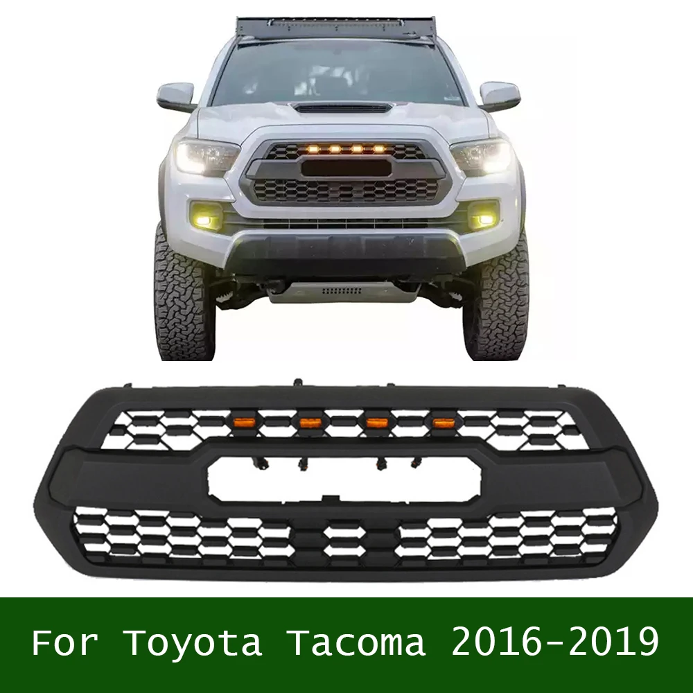 

For Toyota Tacoma 2016-2019 Mash Grill With 4 LED Lights Front Bumper Grille Trims Cover Racing Grills Black Compatible Fit