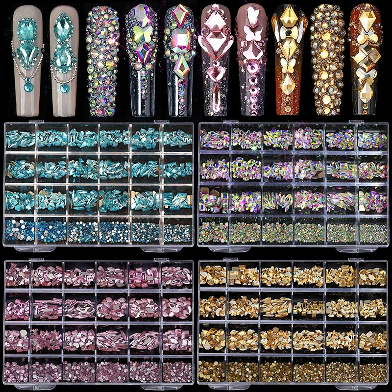 Hot Sale 24grids Mixed Shapes Jewelry Luxury Shiny Diamond For Nail Art Decorations DIY Glass Crystal Set with Dot Drill Pen