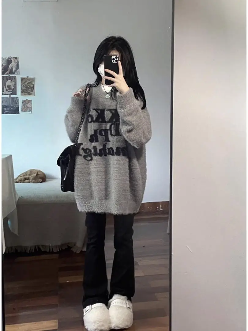 

Thiened Warmth Women's Sweater Mink Velvet Loose High School Girls Autumn Winter Long Sve round Ne Thermal Top