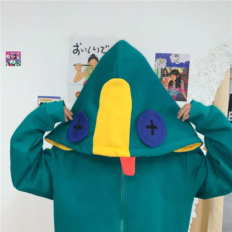 

Oversized Hat Frog Hoodie Splice Zip Up Hoodies Long Sleeve Winter Fashion Korean Style Plus Velvet Warm Kawaii Sweatshirt 2022