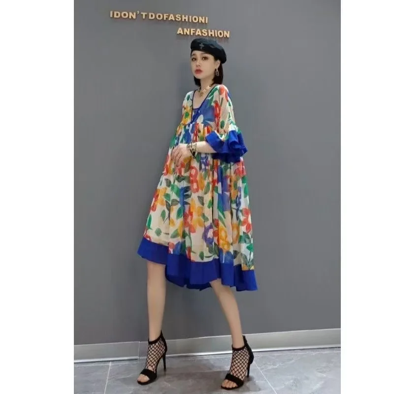 

2025 Design Plus Size Irregular Color Block Summer Dress Loose Fit Chiffon Sleeveless European Style Oversize Women Dress 110kg
