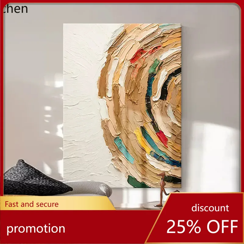 YFY  abstract hand-painted oil painting - modern minimalist living room decor, entryway swirl rainbow thick texture wall art