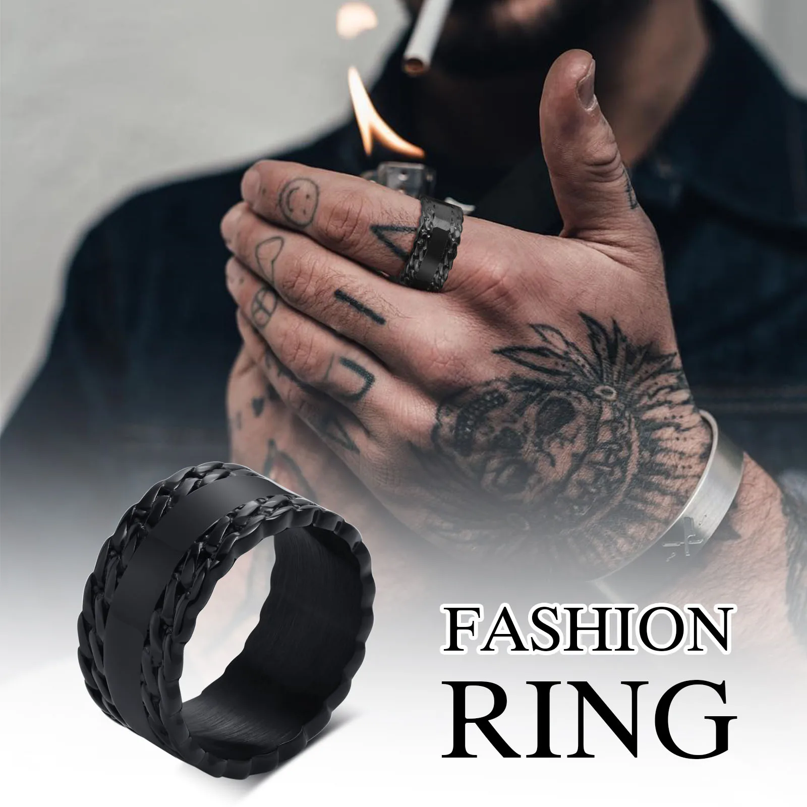 Rings For Men Stainless Steel No Fade Jewelry Men's Ring Black Chain Rings grunge gothic  Anti Rust Punk Rock Fashion design