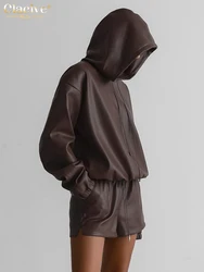 Clacive Fashion Brown Pu Leather 2 Piece Sets Women Outfit Elegant Hooded Long Sleeve Top With High Waist Shorts Set Streetwear