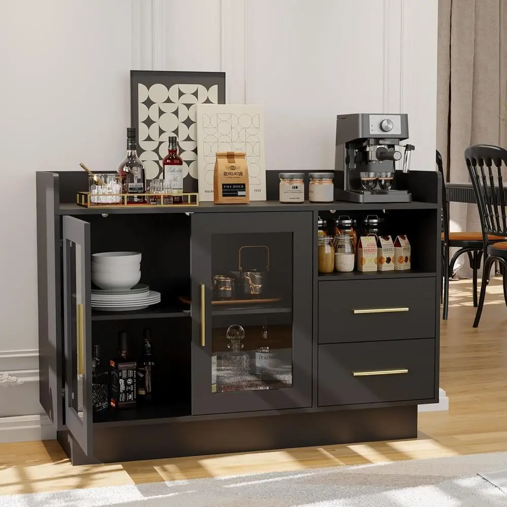 

LED-Illuminated Coffee & Wine Bar Station with High-Capacity Drawers, Sturdy Glass Doors, and Anti-Tip Feature for Home Use