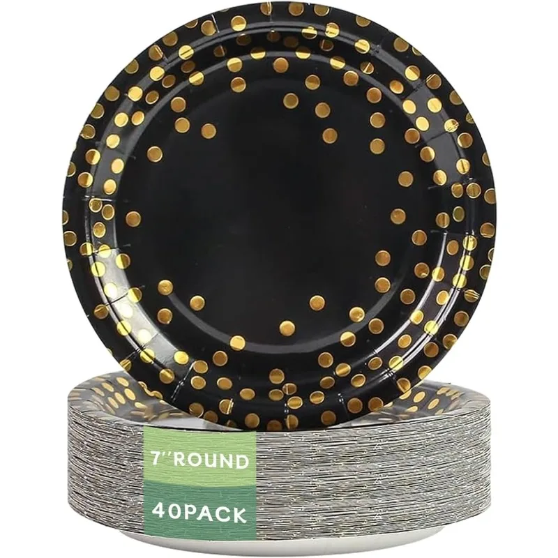 40Pcs Black and Gold Paper Plates - 7/9 inch Foil Polka Dots Disposable Dessert Plates for Birthday, New Year Party Supplies