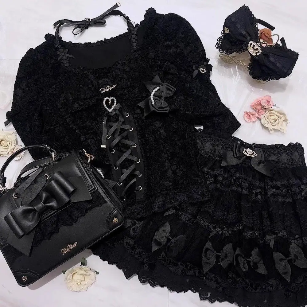 

Sweet Rhinestone Bowknot Halter Neck Lace Shirt Top with Vintage Straps Japanese Style Lace Women's Kawaii Cute Lolita Skirt Set