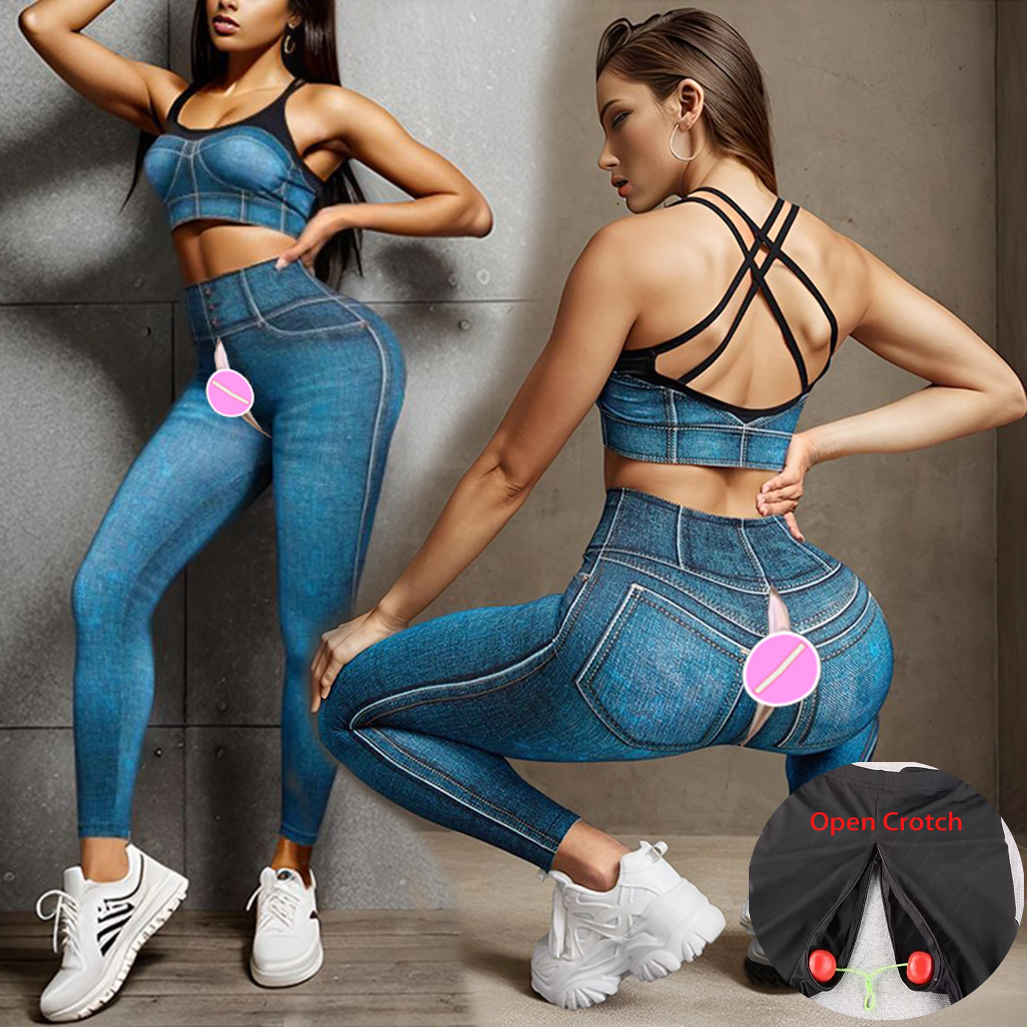 Open Crotch Outdoor Sex Pants Women Fitness Sports Tight Jeans Leggings Seamless Yoga Suit Peach Hip Trousers Exotic Hotpants