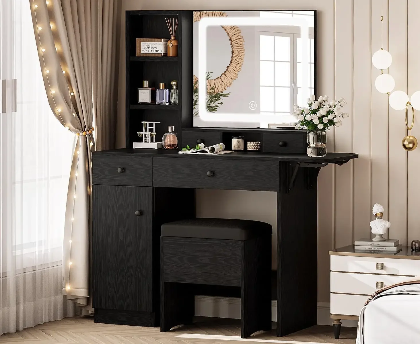 LIKIMIO Vanity Desk com gavetas, mesa de maquiagem, espelho iluminado LED, tomada de energia, armário, fezes de armazenamento, quarto elegante