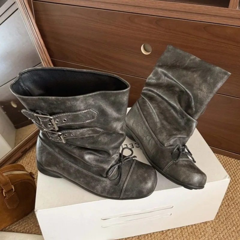 2026 New Women's Vintage Distressed Leather Ankle Boots Square Toe Buckle Strap Pleated Boots Retro Casual Wedge Flat Heel Shoes