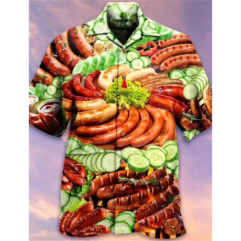 3D Print Sausage Food Graphic Hawaiian Shirts For Men Summer Short Sleeve Cuban Collar Casual Holiday Festival Beach Shirts