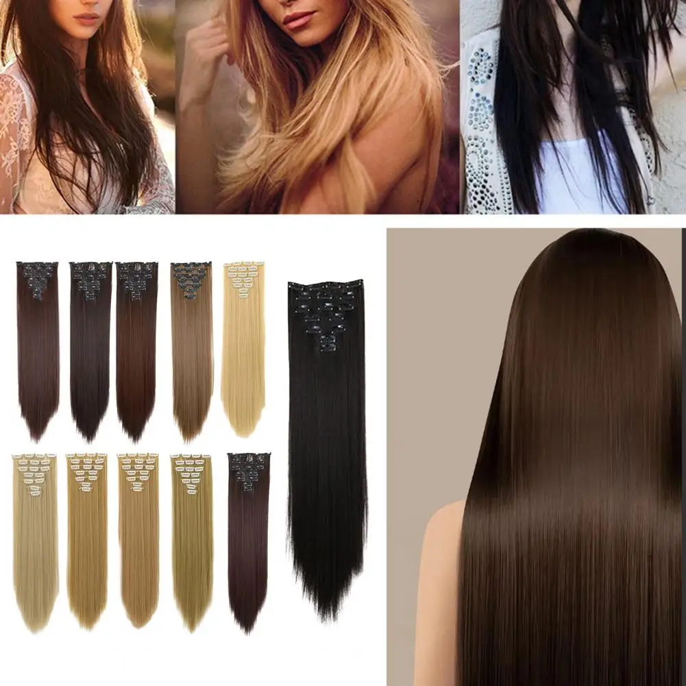 56cm Natural Look Straight Wig Extensions Versatile Seamless Hair Extensions Wig Invisible Seamless Hair Clip Ins Style For Lady