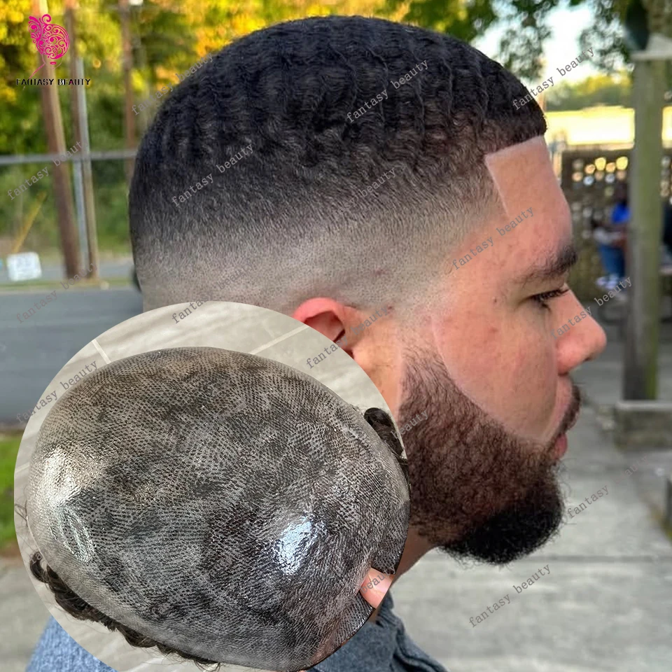 

12mm Deep Wave Grey 1B10 1B20 Afro Black Man's Human Hair Wigs Long Last Natural Hairline Undetectable Full Skin Base Men Toupee