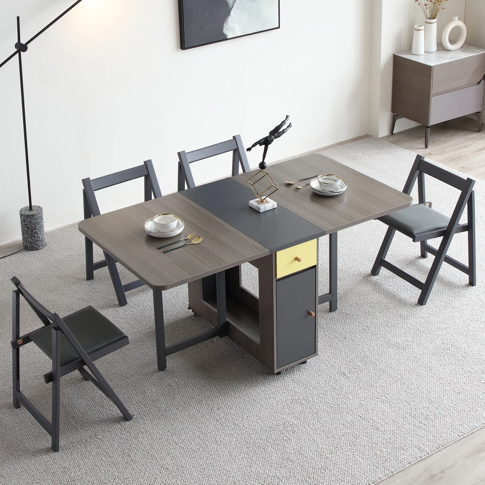Table à manger extensible multifonctionnelle moderne, gain de place avec armoire de rangement