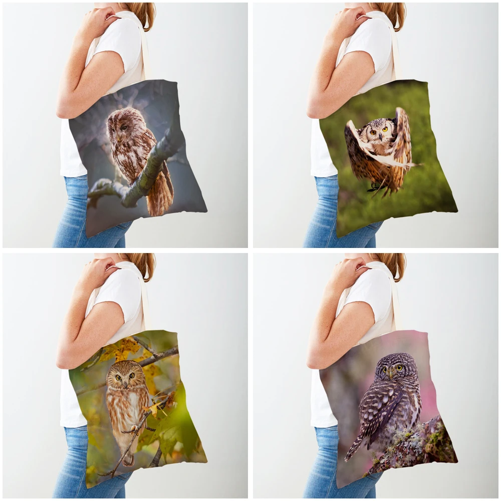 Bolso de compras con diseño de búho y pájaro, bolso de mano de lona de ambos lados, informal, para estudiantes, para mujeres y niños