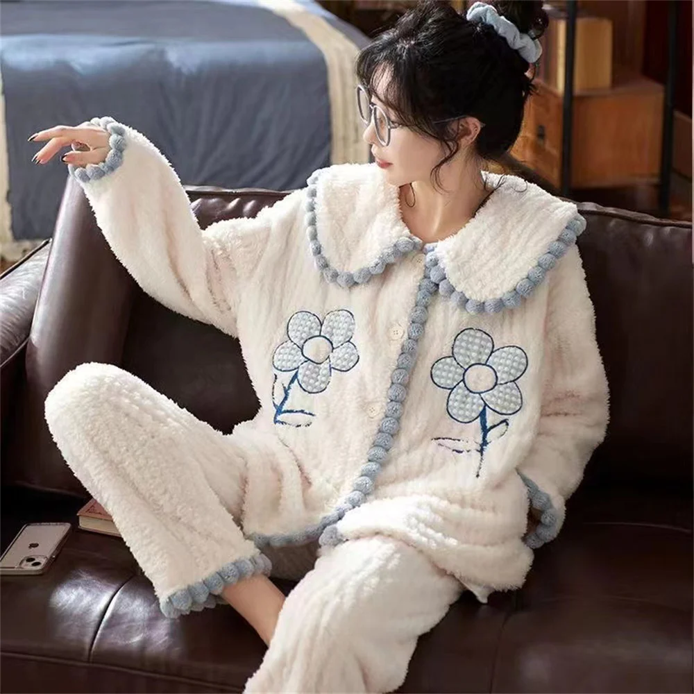 Winter Coral Velvet Pajama Women Sleepwear Thickened Warm Long-sleeved Trousers Homewear Korean School Pajamas Loungewear