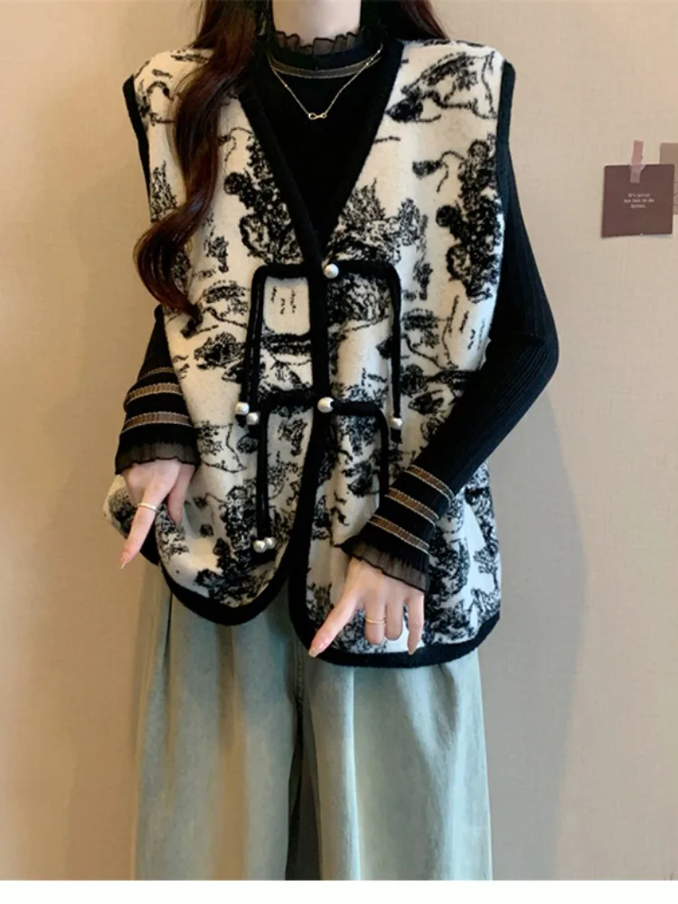 

Женский вязаный жилет с v-образным вырезом больших размеров, модная верхняя одежда, осень-зима, повседневный свободный крой, китайский топ с длинным свеком