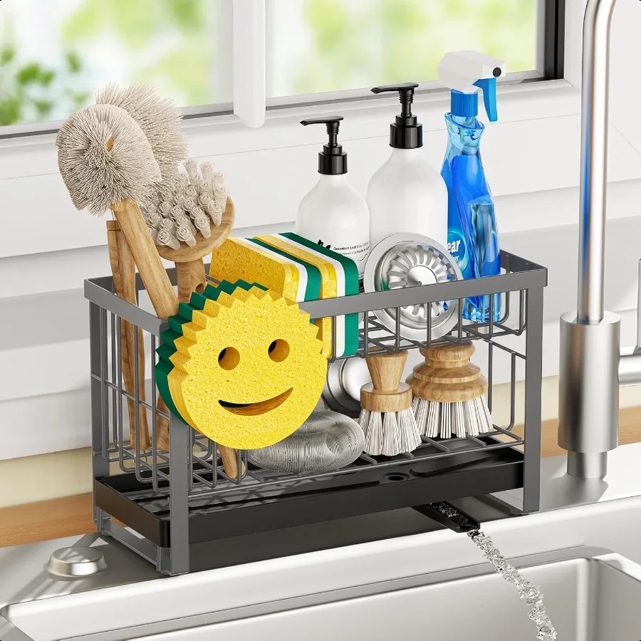 

Sponge Holder for Kitchen Sink with Flexible Sink Caddy Face2 Tier Kitchen Sink Organizer Countertop and Storage entials Soap