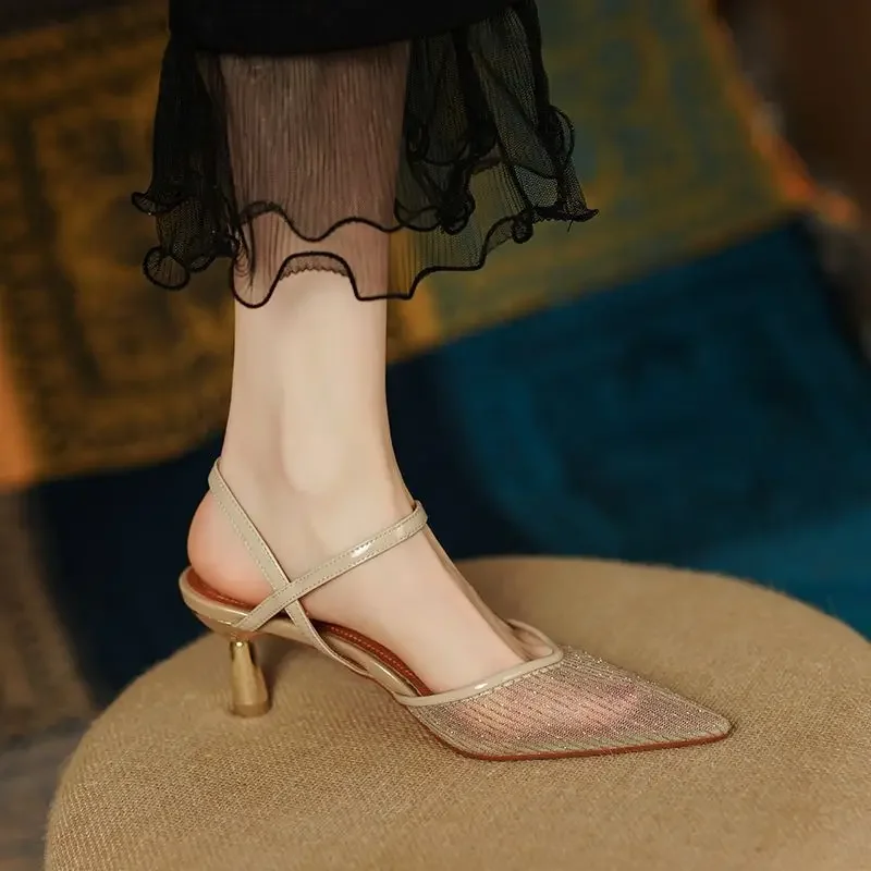 Sandalias de tacón de malla Retro de lujo para mujer, zapatos de verano con talón descubierto de diseñador a la moda, zapatos de tacón con punta estrecha, sandalias para mujer