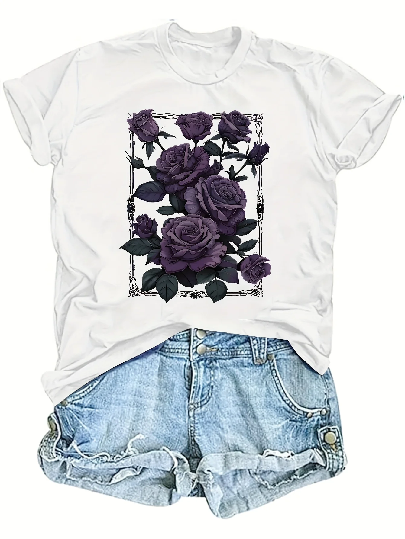 Dark Purple Roses Women's Tee - Gothic Floral Graphic, Casual Vintage Top