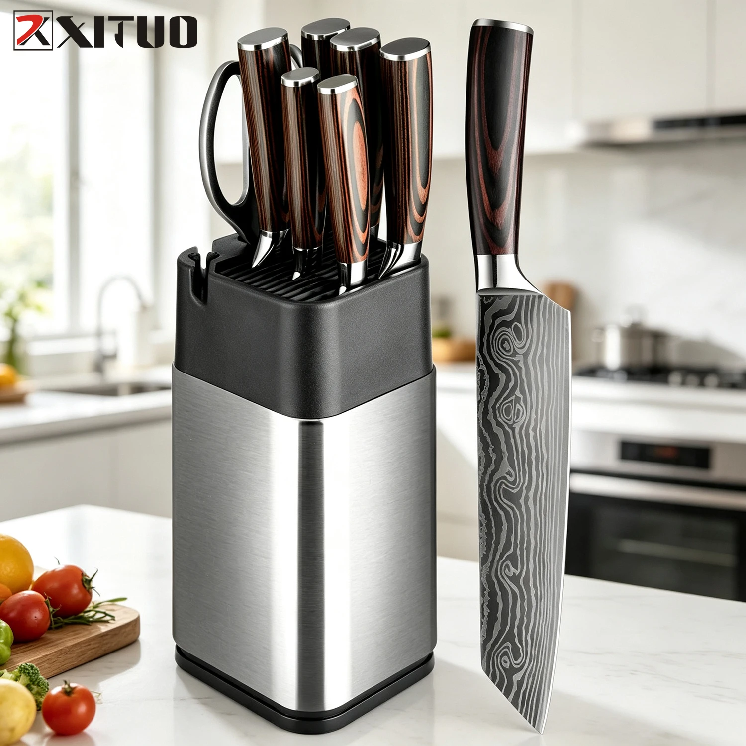 

XITUO Stainless Steel 8PCS Set Kitchen Knives Cooking Knives for Cut Meat, Vegetables, with Standing Knife Holder and Scissors