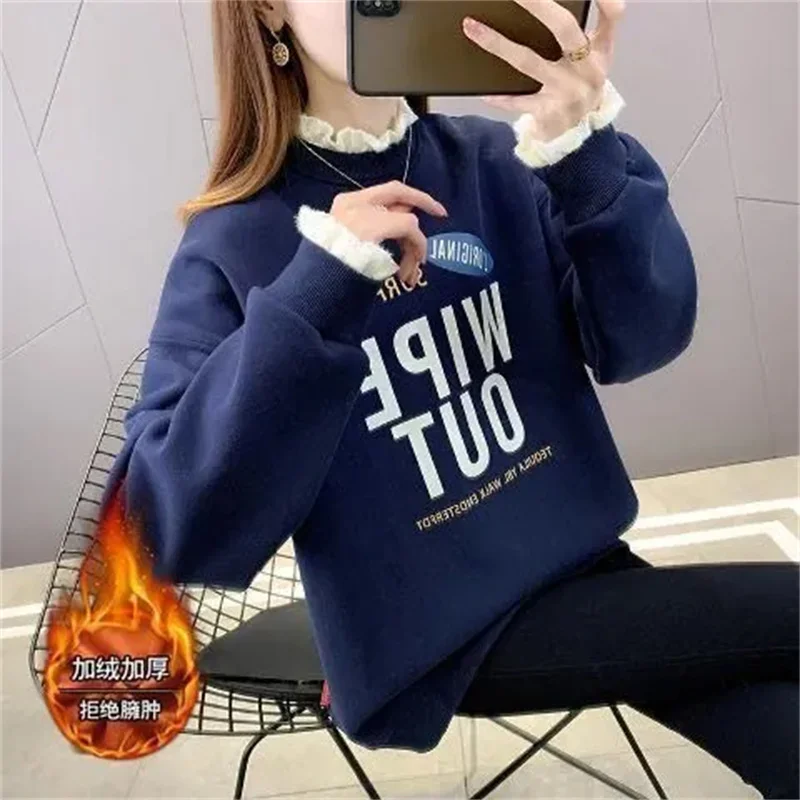 Sportshirt Fake Two-Piece Plush Thicken Women's Hoodie Oversized Women's Sportshirt 2024 New Autumn Winter Popular Chubby MM Top