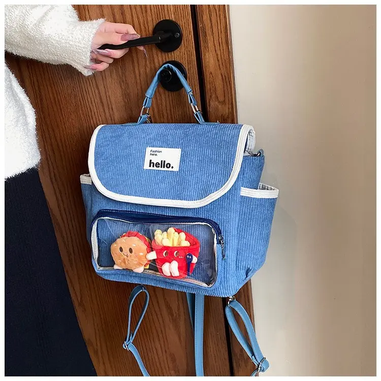 Japanese Backpack Teenage Girls School Bags 2024 New Corduroy Backpack Women Shoulder Bag Transparent Pocket Itabag Mochila