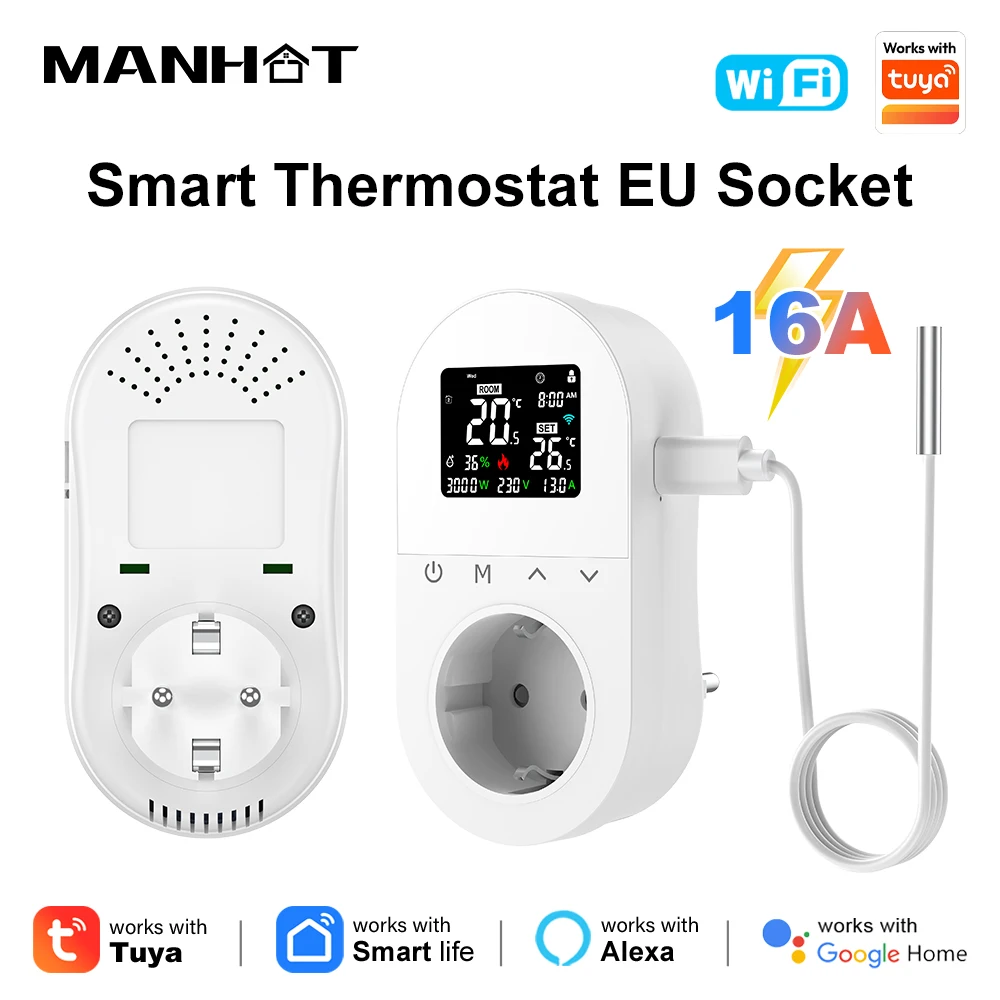 MANHOT Wifi Smart Thermostat LCD Touch Socket 16A EU Outlet Plug Cooling Heating App Control NTC Sensor Probe Work with Tuya