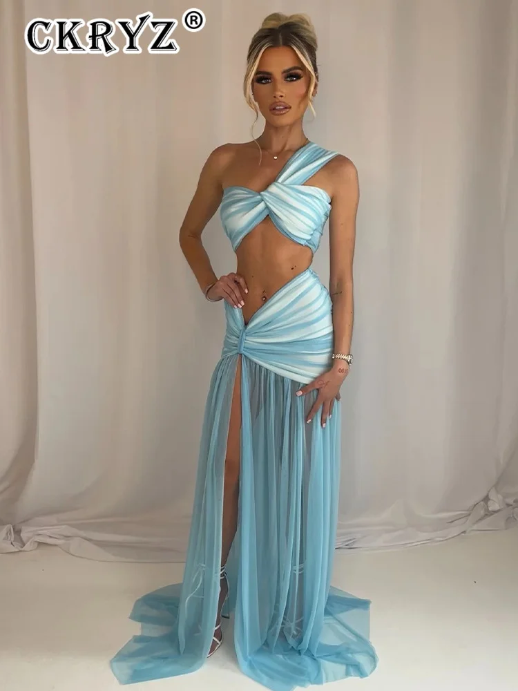 Conjunto de dos piezas de falda Sexy de verano para mujer, Top corto de un hombro y falda Maxi, conjunto elegante de 2 piezas para fiesta en la playa y Club