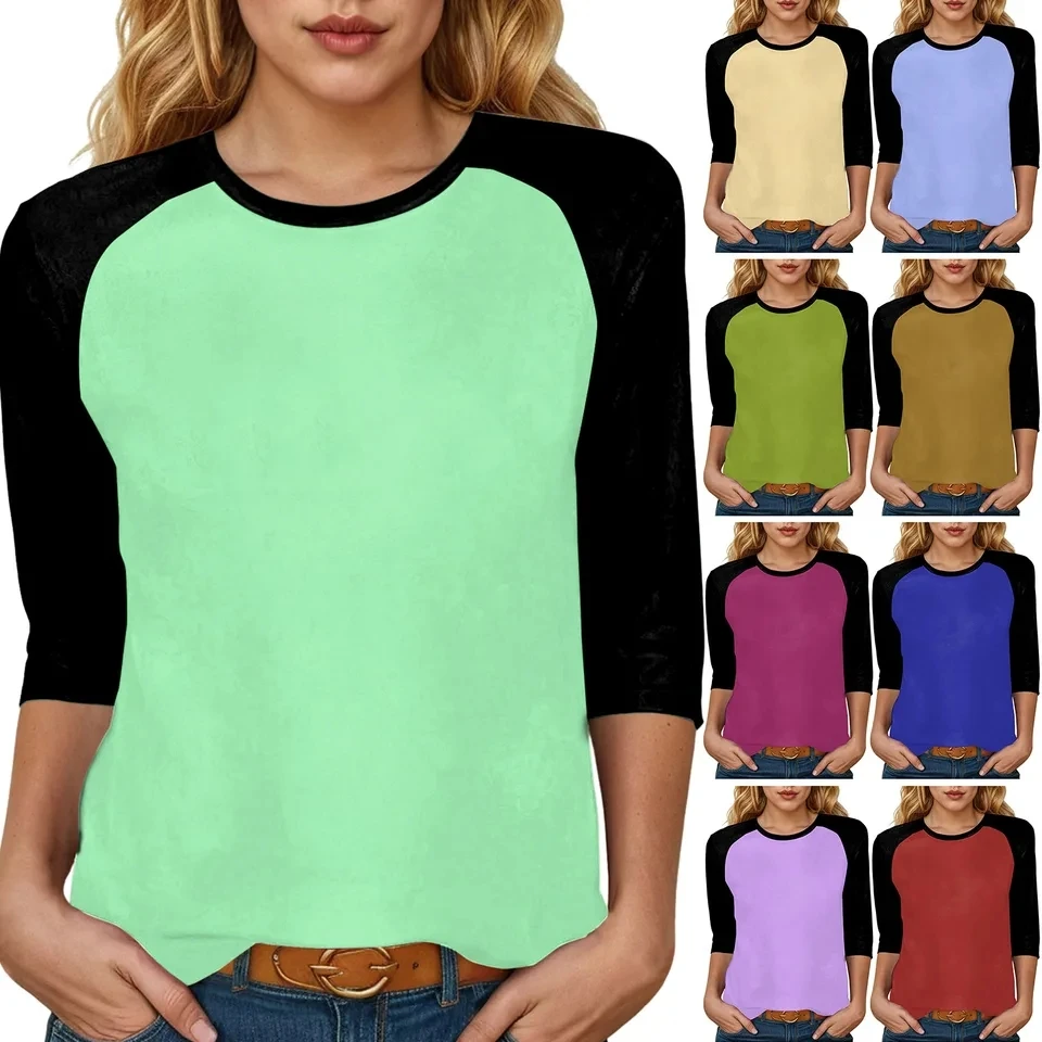 

3/4 Sleeve T Shirt Women Fashion Color Blocking Raglan Sleeve Tees Casual Round Neck Patchwork Printed T-Shirts Ropa De Mujer