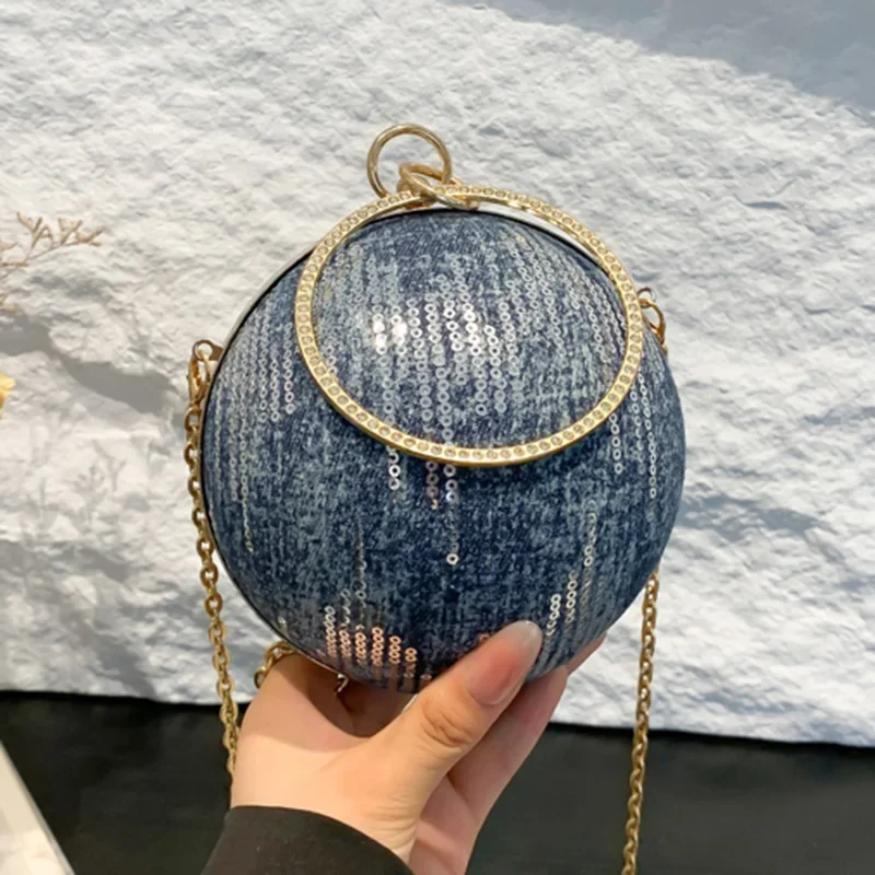 Luxury Designer Women Top Handle Ball Box Bags Chain Handbags Glitter Crystal Blue Crossbody Bags Evening Clutch Coin Wallet