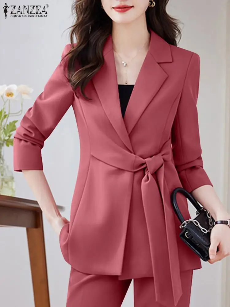 Imagem -04 - Zanzea-blazer de Manga Comprida e Calças para Mulheres Traje de Treino com Gola Lapela Calças Monocromáticas ol Cabolsas Casuais Moda Elegante Peças