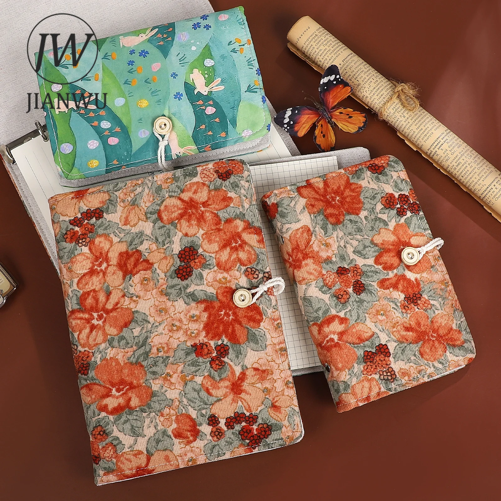 JIANWU Vintage Butterfly Flower Rabbit Landscape Material Collage Fabric Button Loose-leaf Notebook Creative Journal Stationery