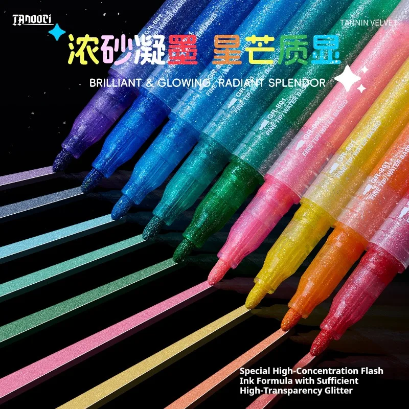 TANOOCI Direct Liquid Glitter Marker Set 12/24/36 Soft FineTip Waterproof Delicate Shinning Acrylic Pens Professional Stationery