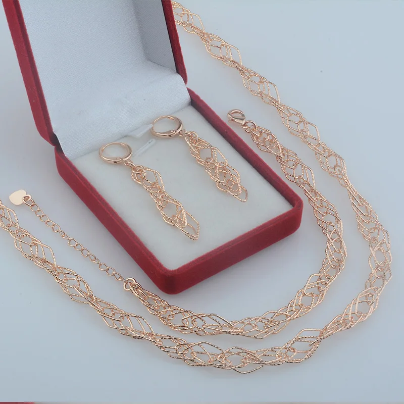 

Women 585 Rose Gold Color Bracelet+Earrings+Necklace Gypsophila Style Adjustable Length Set Jewelry